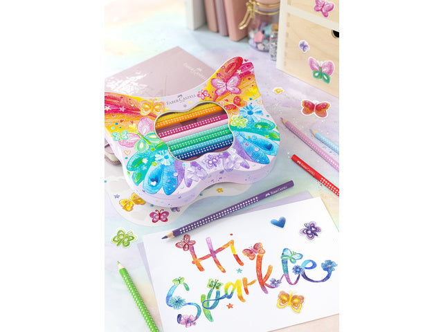Kleurpotloden Faber-Castell Sparkle 12 standaard kleuren + 8 pastelkleuren in bewaarblik vlinder inclusief vlinderstickers