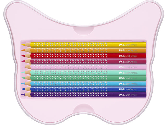 Kleurpotloden Faber-Castell Sparkle 12 standaard kleuren + 8 pastelkleuren in bewaarblik vlinder inclusief vlinderstickers