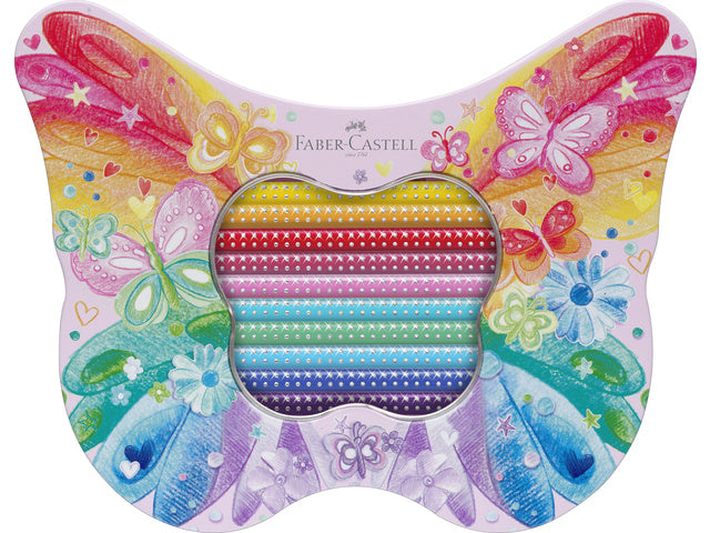 Kleurpotloden Faber-Castell Sparkle 12 standaard kleuren + 8 pastelkleuren in bewaarblik vlinder inclusief vlinderstickers