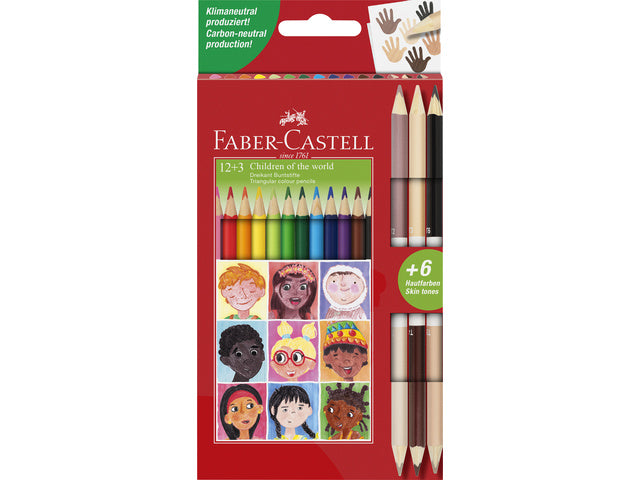 Kleurpotlood Faber-Castell Driekant kartonnen etui 12+3 stuks Kinderen van de wereld. 12x driekant kleurpotloden + 3x dubbelzijdige huidskleurpotloden (6kleuren)
