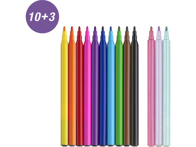 Viltstiften Faber-Castell Eenhoorn 10x standaard kleuren + 3x pastelkleuren incl. eenhoornstickers in kartonnen etui