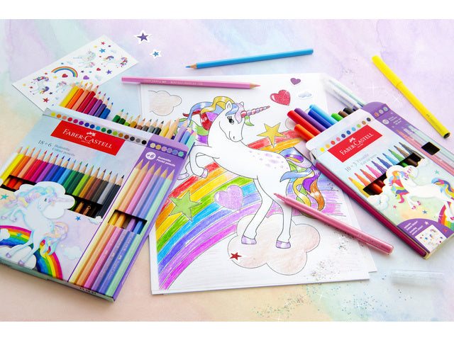 Viltstiften Faber-Castell Eenhoorn 10x standaard kleuren + 3x pastelkleuren incl. eenhoornstickers in kartonnen etui