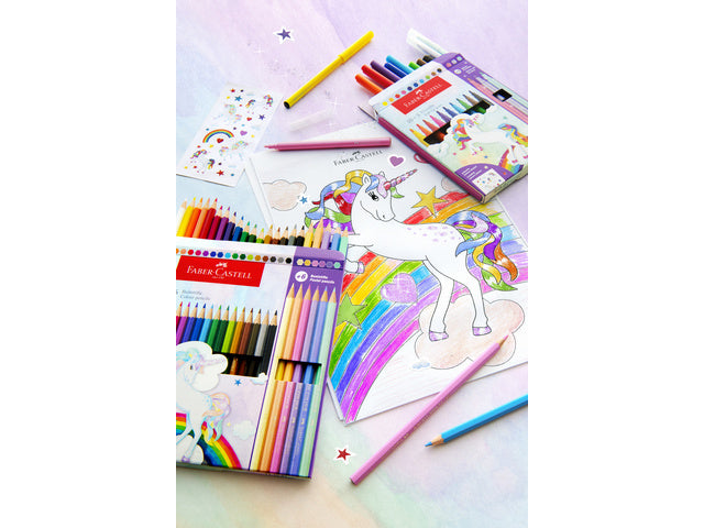 Viltstiften Faber-Castell Eenhoorn 10x standaard kleuren + 3x pastelkleuren incl. eenhoornstickers in kartonnen etui