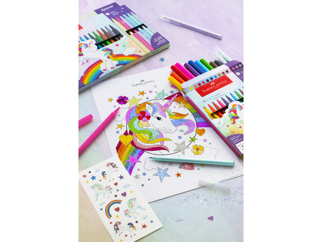Viltstiften Faber-Castell Eenhoorn 18x standaard kleuren + 6x pastelkleuren incl. eenhoornstickers in kartonnen etui