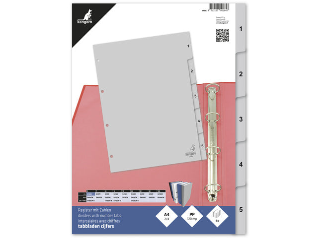 Tabblad Kangaro A4 cijfers PP 120 micron grijs 4-gaats 5-delig