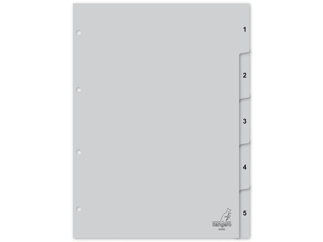 Tabblad Kangaro A4 cijfers PP 120 micron grijs 4-gaats 5-delig