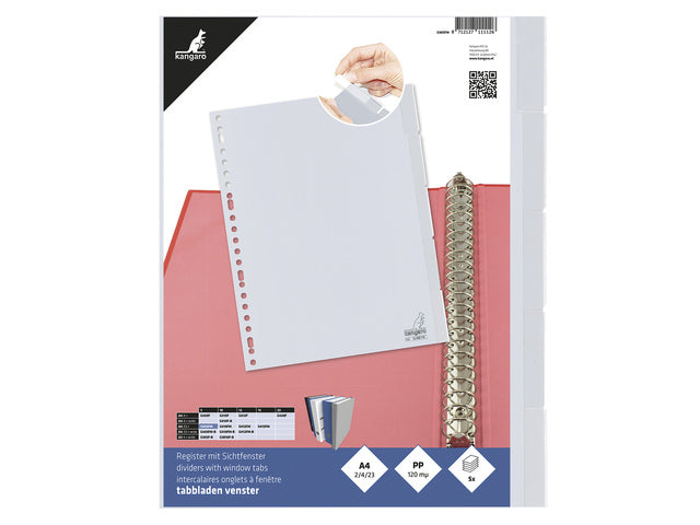 Tabblad Kangaro A4 venster PP 120 micron 23-gaats grijs 5-delig