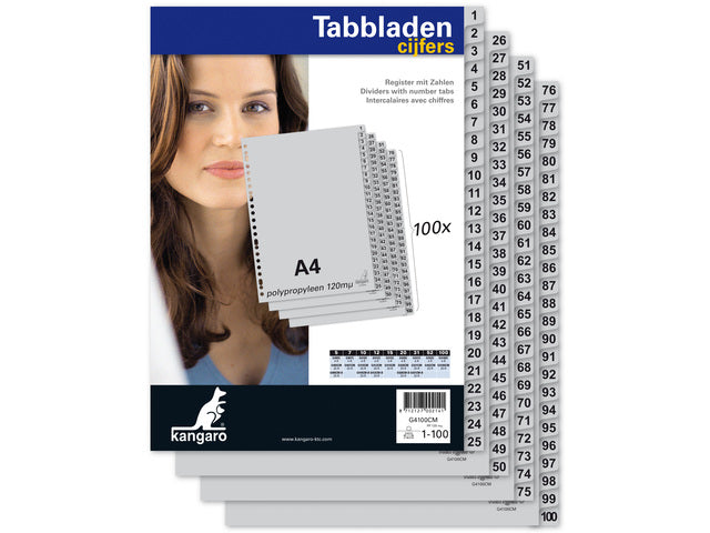 Tabblad Kangaro A4 cijfers PP 120 micron grijs 23-gaats 100-delig