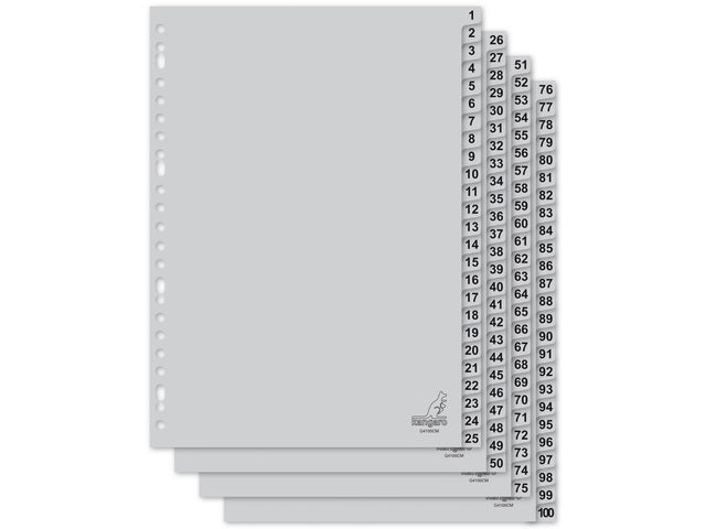 Tabblad Kangaro A4 cijfers PP 120 micron grijs 23-gaats 100-delig