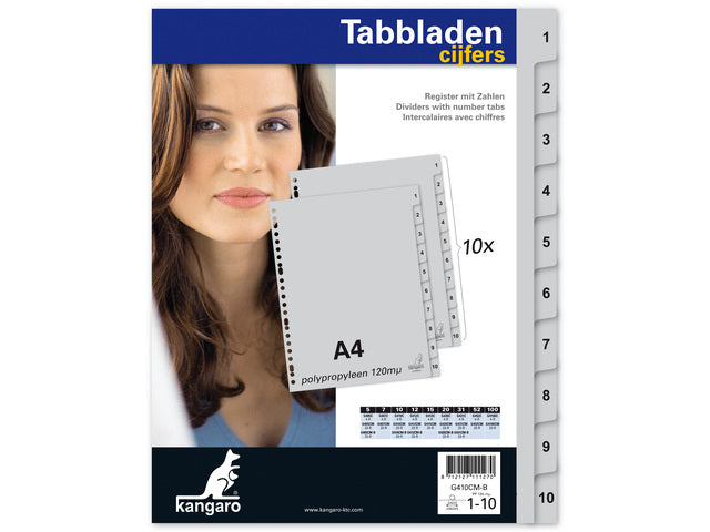 Tabblad Kangaro A4 cijfers PP 120 micron grijs 23-gaats 10-delig EB