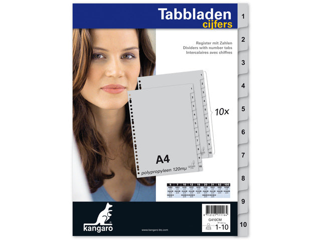 Tabblad Kangaro A4 cijfers PP 120 micron grijs 23-gaats 10-delig