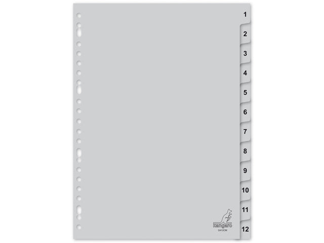 Tabblad Kangaro A4 cijfers PP 120 micron grijs 23-gaats 12-delig