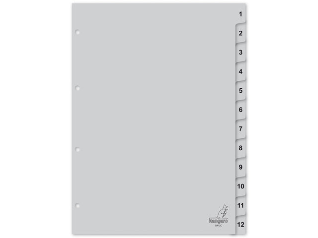 Tabblad Kangaro A4 cijfers PP 120 micron grijs 4-gaats 12-delig