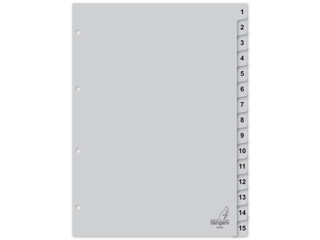Tabblad Kangaro A4 cijfers PP 120 micron grijs 4-gaats 15-delig