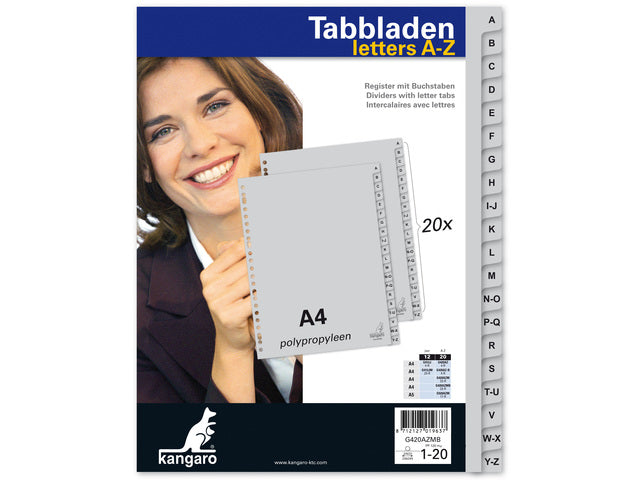 Tabblad Kangaro A4 letters PP 120 micron grijs 23-gaats 20-delig AZ EB