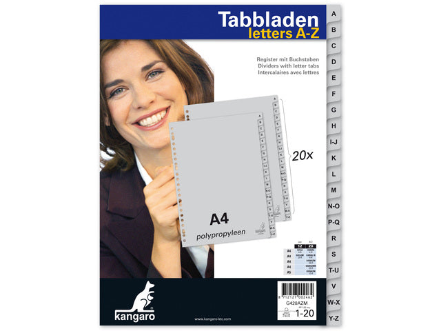 Tabblad Kangaro A4 letters PP 120 micron grijs 23-gaats 20-delig AZ