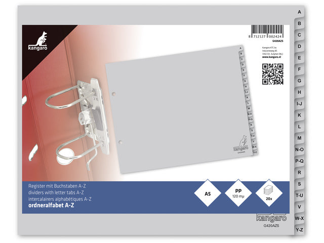 Tabblad Kangaro ordneralfabet AZ PP 120 micron 2-gaats 20-delig