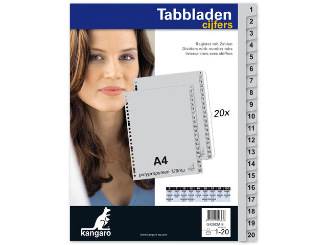 Tabblad Kangaro A4 cijfers PP 120 micron grijs 23-gaats 20-delig EB