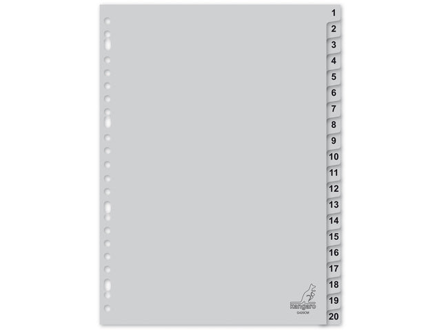 Tabblad Kangaro A4 cijfers PP 120 micron grijs 23-gaats 20-delig