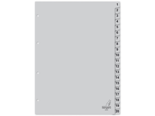 Tabblad Kangaro A4 cijfers PP 120 micron grijs 4-gaats 20-delig grijs