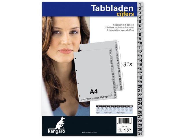 Tabblad Kangaro A4 cijfers PP 120 micron grijs 4-gaats 31-delig