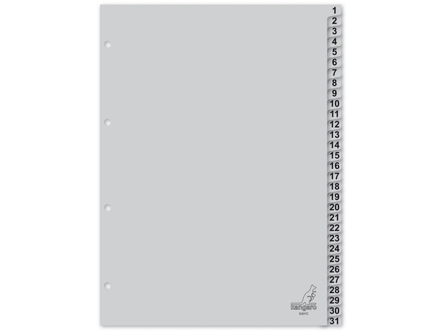 Tabblad Kangaro A4 cijfers PP 120 micron grijs 4-gaats 31-delig