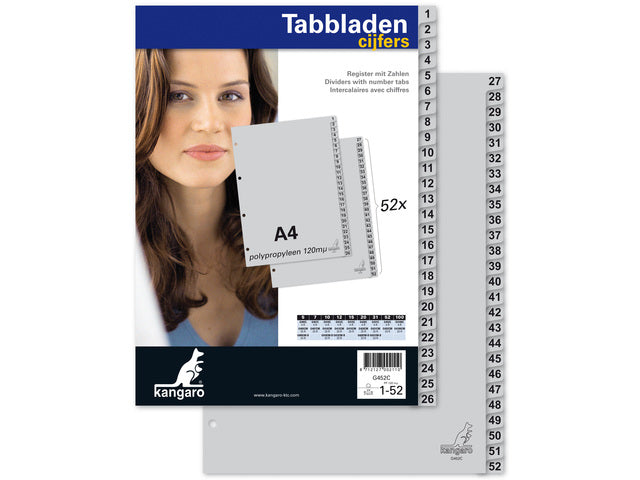 Tabblad Kangaro A4 cijfers PP 120 micron grijs 4-gaats 52-delig
