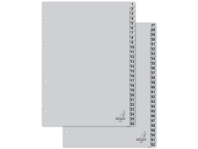 Tabblad Kangaro A4 cijfers PP 120 micron grijs 4-gaats 52-delig