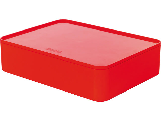 Der kluge Organisator Han Allison hat eine Box mit einem Innenrahmen und einem Deckel aus rotem Papier, stapelbar