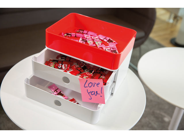 Der kluge Organisator Han Allison hat eine Box mit einem Innenrahmen und einem Deckel aus rotem Papier, stapelbar