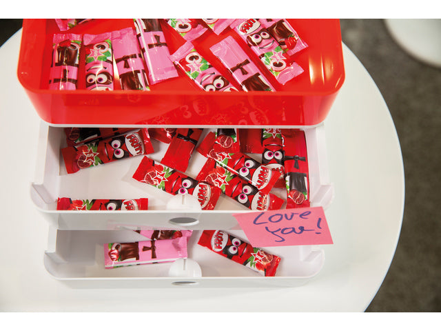 Der kluge Organisator Han Allison hat eine Box mit einem Innenrahmen und einem Deckel aus rotem Papier, stapelbar