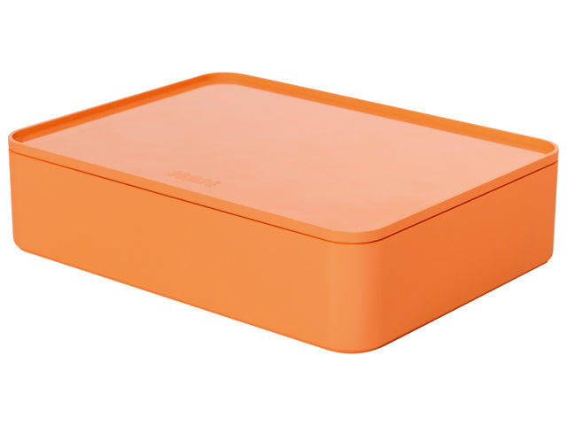 Der kluge Organisator Han Allison hat eine Box mit Innenschal und orangefarbenem, stapelbarem Deckel