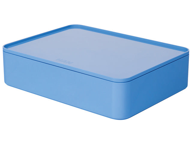 Der clevere Organizer Han Allison hat eine Box mit Innendeckel und blauem Deckel, stapelbar