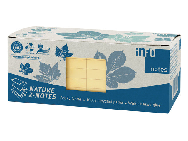 Infonota's 75x75mm Z-Notes, geel, gerecycled, doos met 12 bloks a 100 vel