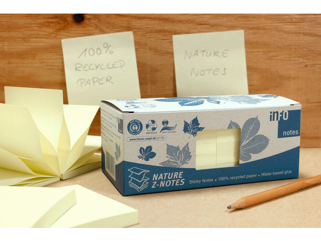 Infonota's 75x75mm Z-Notes, geel, gerecycled, doos met 12 bloks a 100 vel