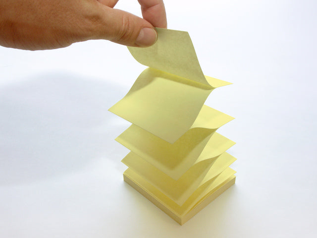 Infonota's 75x75mm Z-Notes, geel, gerecycled, doos met 12 bloks a 100 vel