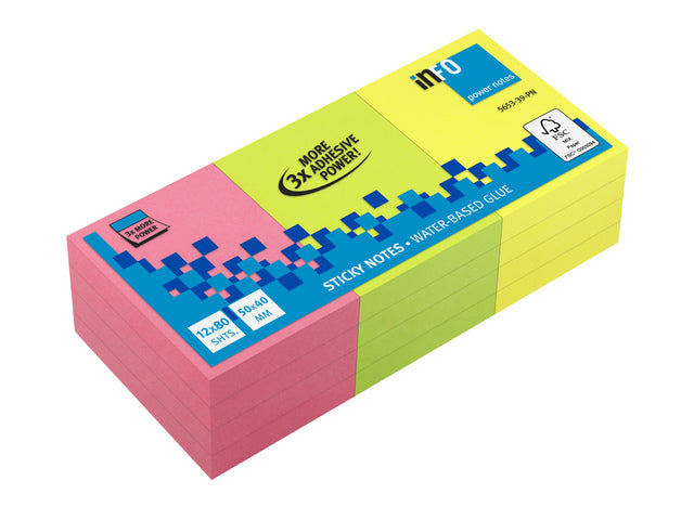 Powernotes Infozettel 50x40mm sort. Felle kleuren pak 12 blok.
