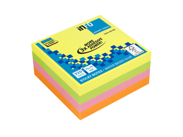 Powernotes Infozettel 75x75mm sort. Felle kleuren block a 320 vel.