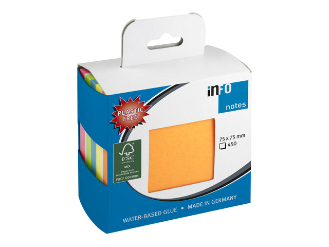Info opmerkingen 75x75mm kubus 450 blaadjes, mix 6 kleuren, FSC, ophanggat.