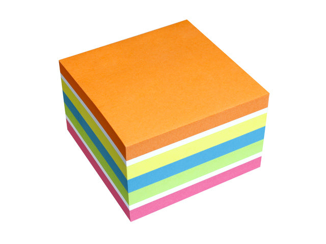 Info opmerkingen 75x75mm kubus 450 blaadjes, mix 6 kleuren, FSC, ophanggat.