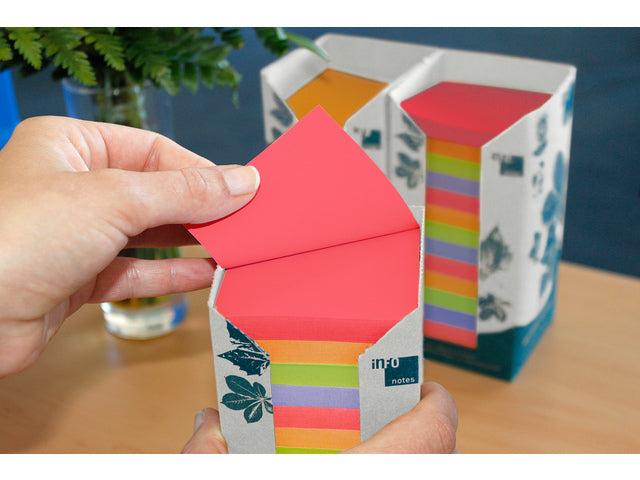 Info opmerkingen 75x75mm 16 x 100 blaadjes, 4 kleuren, blauwe engel, toren verpakking.