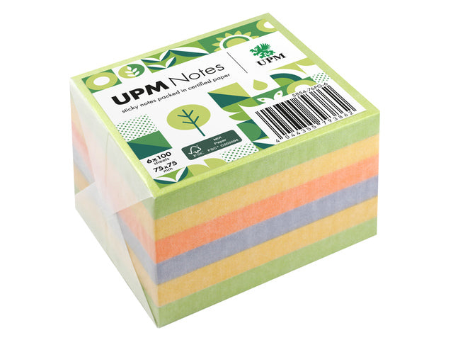 UPM notes 75x75 spring mix assorti pak 6x 100 vel groen, geel, oranje, paars