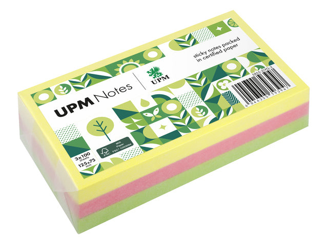UPM notes 125x75 assorti pak 3x 100 vel geel, roze, groen