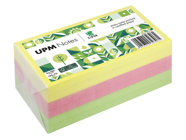 UPM notes 125x75 assorti pak 6x 100 vel geel, roze, groen