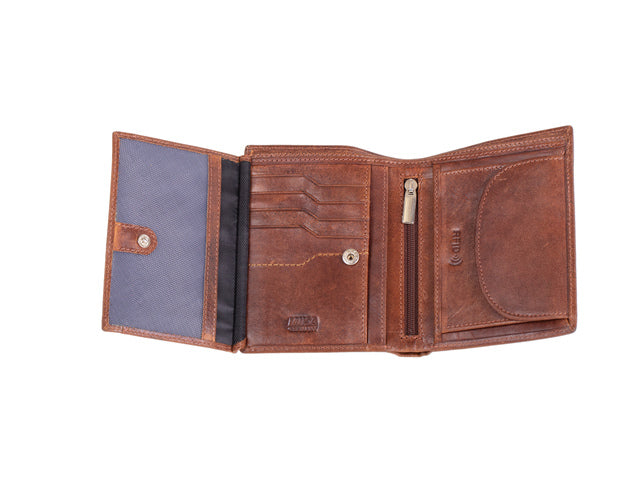 Portefeuille Mika braun RFID. Leer. 12x10x2,5cm