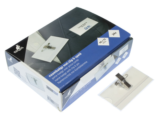 Naambadge Kangaro 40x75mm doos a 24 stuks met clip, speld en insteekkaartjes wit