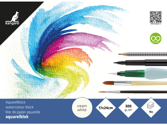 Aquarelpapier Kangaro blok 17x24cm 300 grams 16 vel roomwit