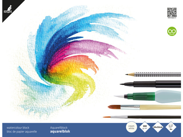 Aquarelpapier Kangaro blok 24x32cm 300 grams 16 vel roomwit