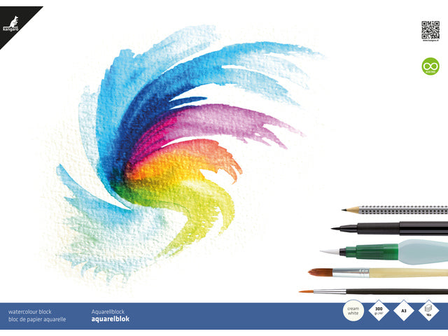 Aquarelpapier Kangaro blok A3 300 grams 16 vel, roomwit 3 zijden gelijmd