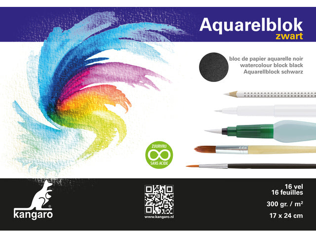 Aquarelpapier Kangaro blok 17x24cm 300 gram 16 vel zwart, 3 zijden verlijmd